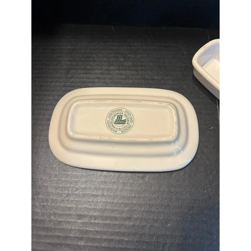 Longaberger Pottery Woven Traditions Ivory/Green Butter Dish USA